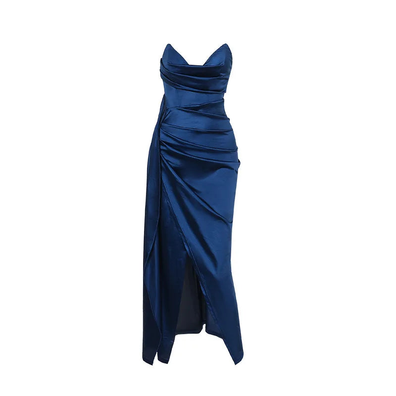 Autumn new European and American fashion temperament sexy slim deep V-waist satin slit dress female