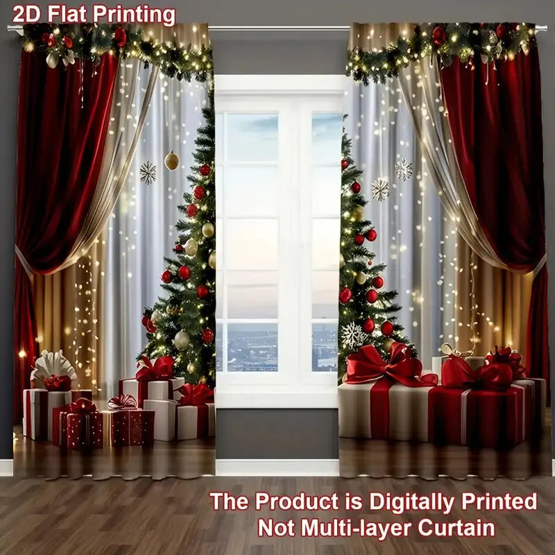 2 pieces - Luxurious Christmas tree print curtains, pole bag curtains, home decoration, room decoration、30*65inch