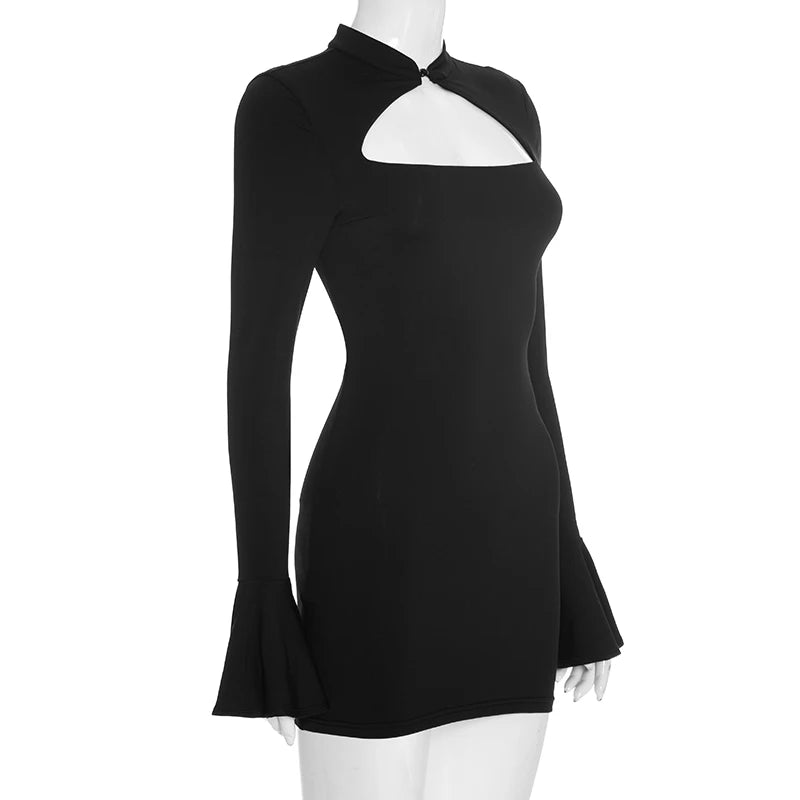 CUTENOVA Fall New Arrival Women Solid Color Bodycon Button Up Bell Sleeve Mini Lace-Up Strapless Sexy Bodycon Sexy Hottie Dress