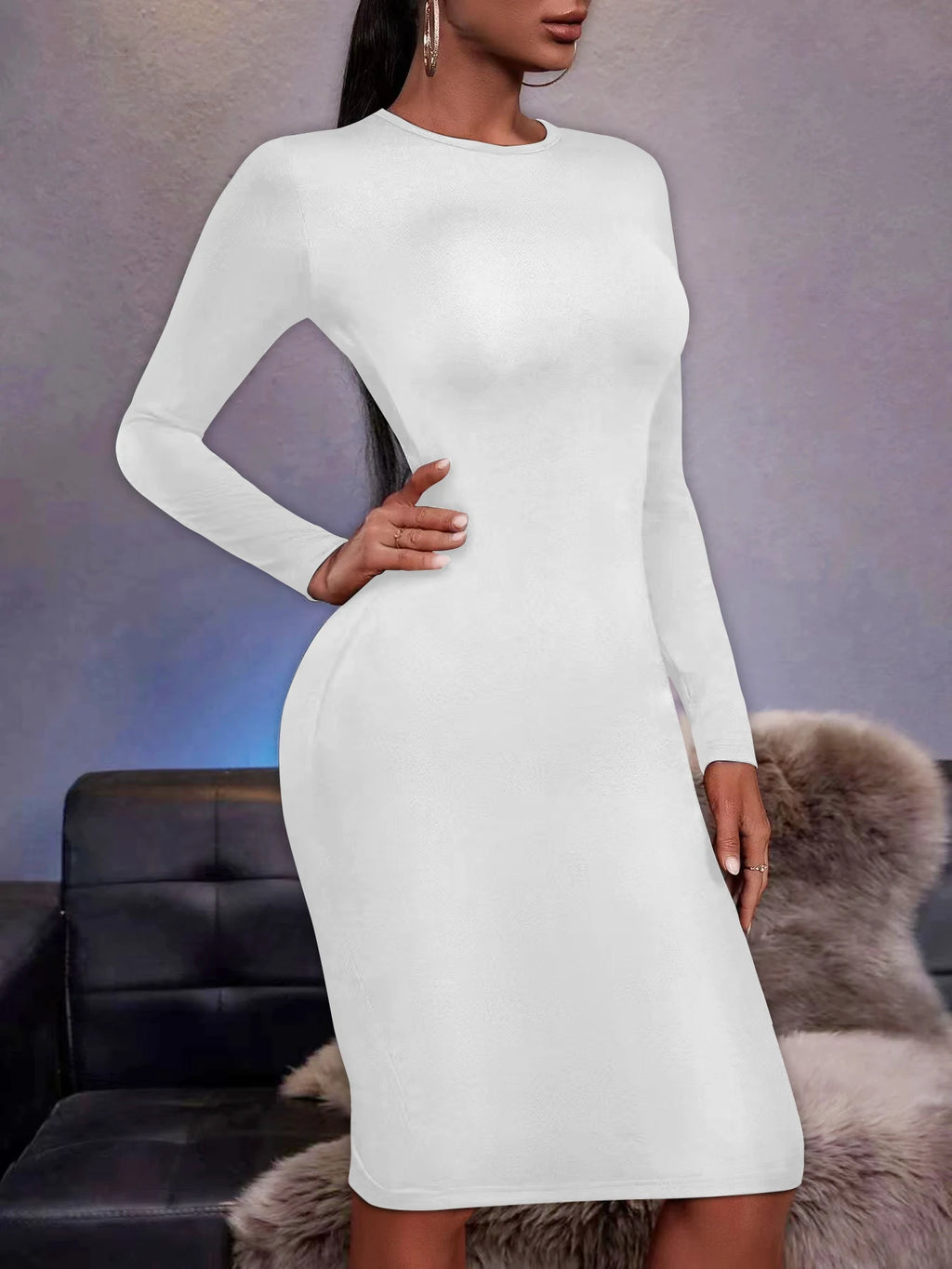 New Tight Highly Elastic Women's Dress Fashion Solid Color Sexy Long Sleeved Women Dress Wrapped Bobycon Midi Dress