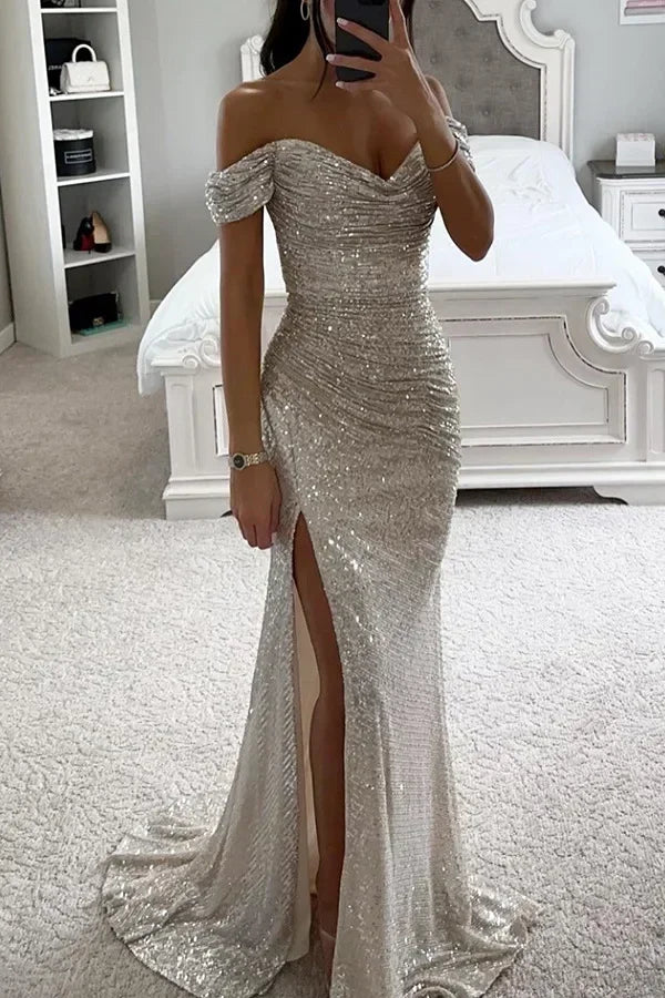 Womens Dresses New Party Sequin One Line Neckline Slit Dress Casual Fashion Dress for Women