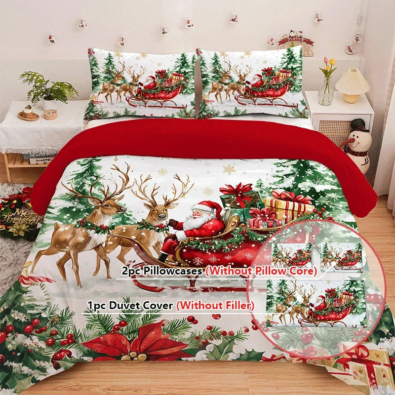3PC Sled Elderly Duvet Cover Cute Elk Set Bedding Set (1Duvet Cover&2Pillowcases) Christmas Furniture Decor No Filler/Core