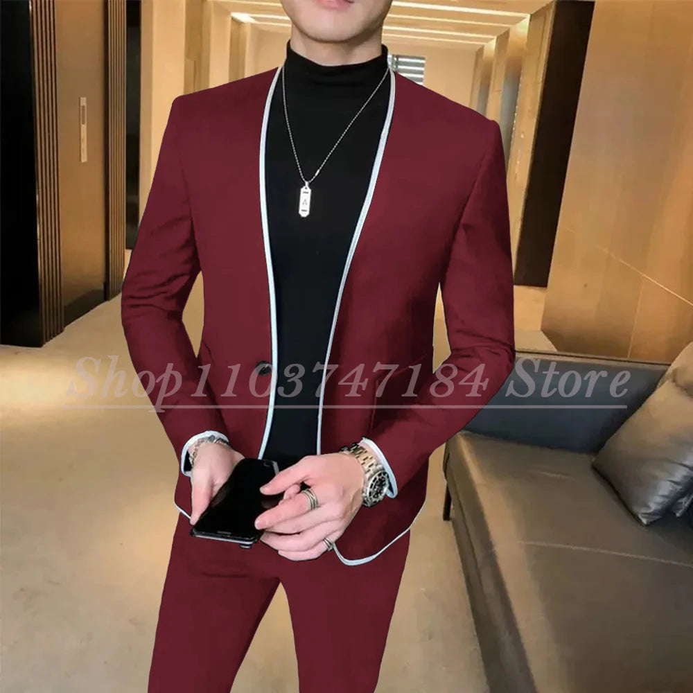 Elegant Black Gentlemen Men's Suits Slim Fit Casual Prom Party 2 Piece Jacket Pants Full Set Luxury Male Clothing Terno Blazer