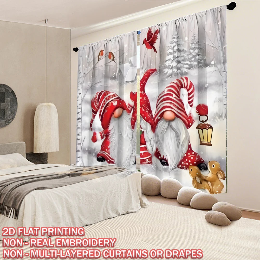 Christmas Flat Printing Curtain with Frosty Forest Christmas Gnome Christmas Bird For Christmas Home  Door Windows Decor Party