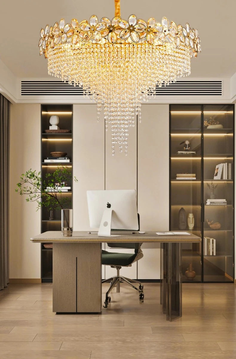 Modern Flower Crystal Tassel Chandelier Living Room Dining Room Gold Crystal Ceiling Pendant Lights Vila Lobby Lighting Fixtures