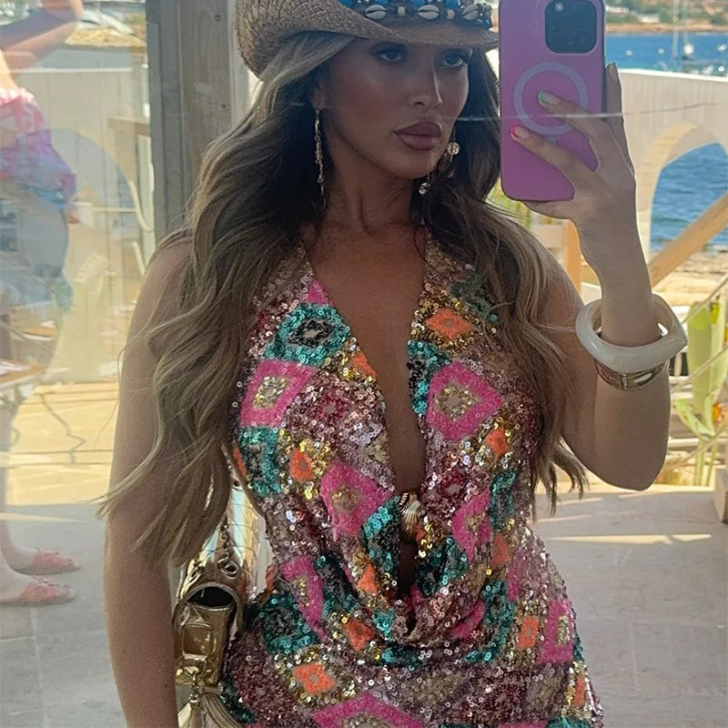 Colorful Sequin Halter Plunge-Neck Set Sleeveless Backless Vest Bodycon Mini Skirt 2025 Summer Party Chic Suit Sexy Lady Outfit