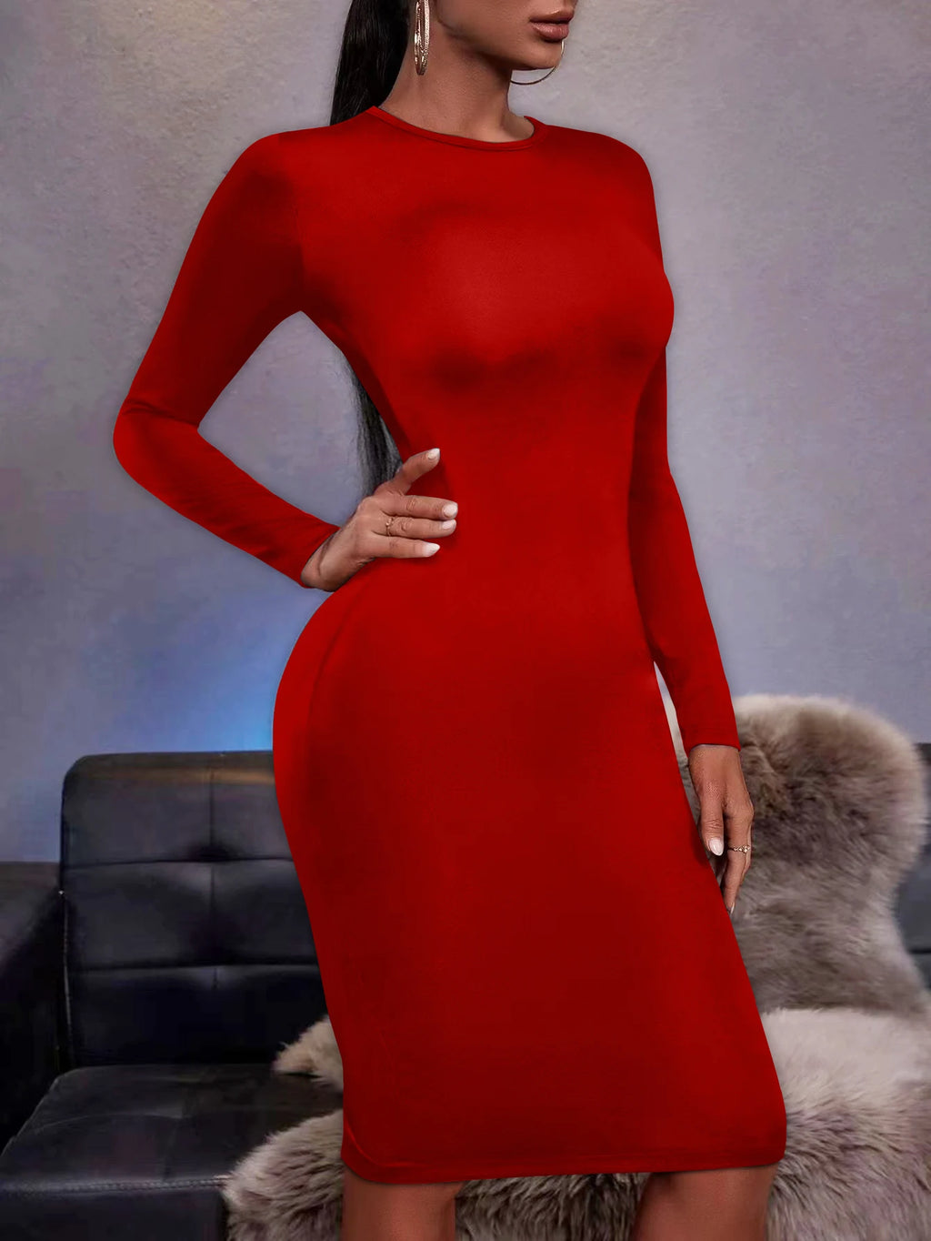 New Tight Highly Elastic Women's Dress Fashion Solid Color Sexy Long Sleeved Women Dress Wrapped Bobycon Midi Dress