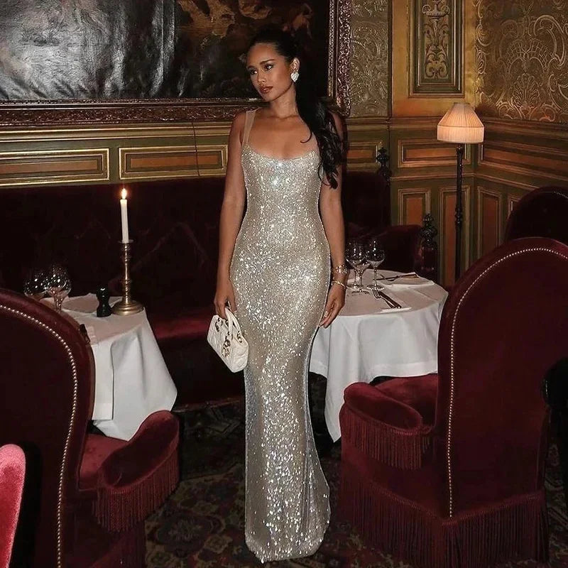 Chic Women Bling Glitter Sequins Sling Dress Fashion Sliver Sleeveless Backless Bodycon Maxi Robes Lady New Party Club Gown