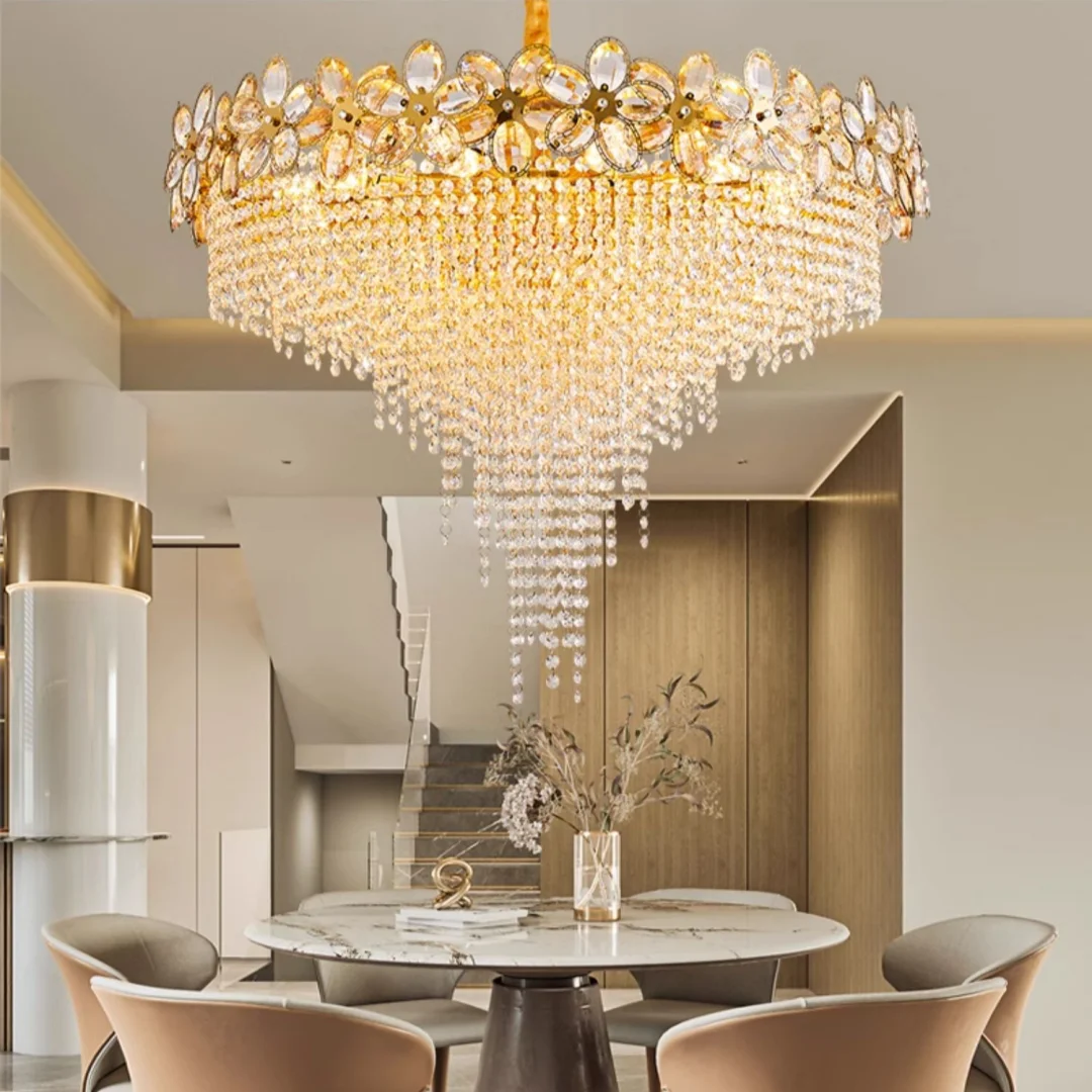 Modern Flower Crystal Tassel Chandelier Living Room Dining Room Gold Crystal Ceiling Pendant Lights Vila Lobby Lighting Fixtures