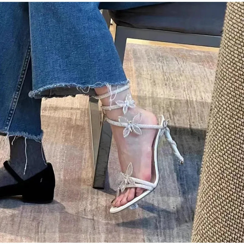 Luxury Crystal Embellished Butterfly Detail Women Sandals Sexy Coiled Strap High heels Gladiator Sandals Summer Party prom Shoes, need a dress