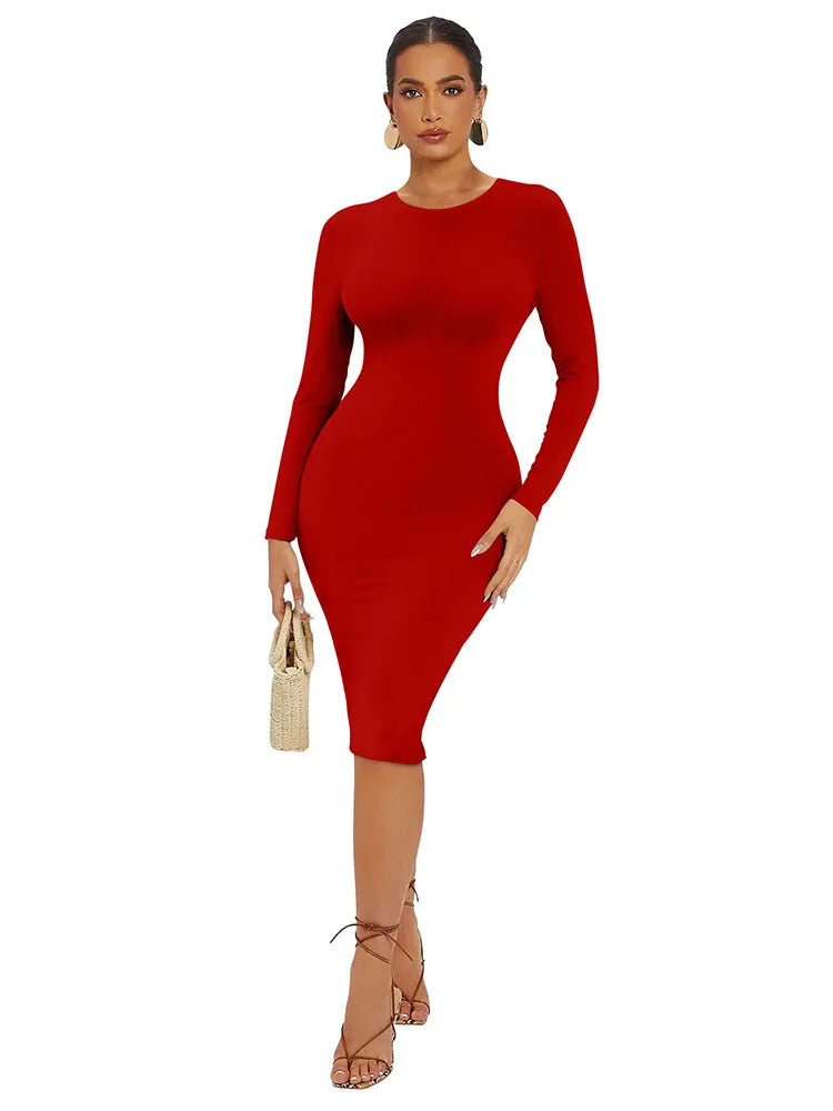 New Tight Highly Elastic Women's Dress Fashion Solid Color Sexy Long Sleeved Women Dress Wrapped Bobycon Midi Dress