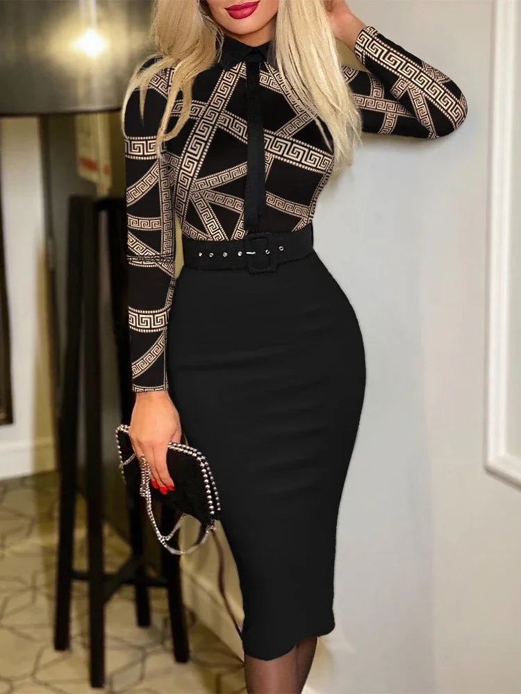 Elegant Print Bodycon Dress Women Fashion Slim V-neck Short Sleeve Lady Dresses Spring Autumn Office Commute Belt Party Dress