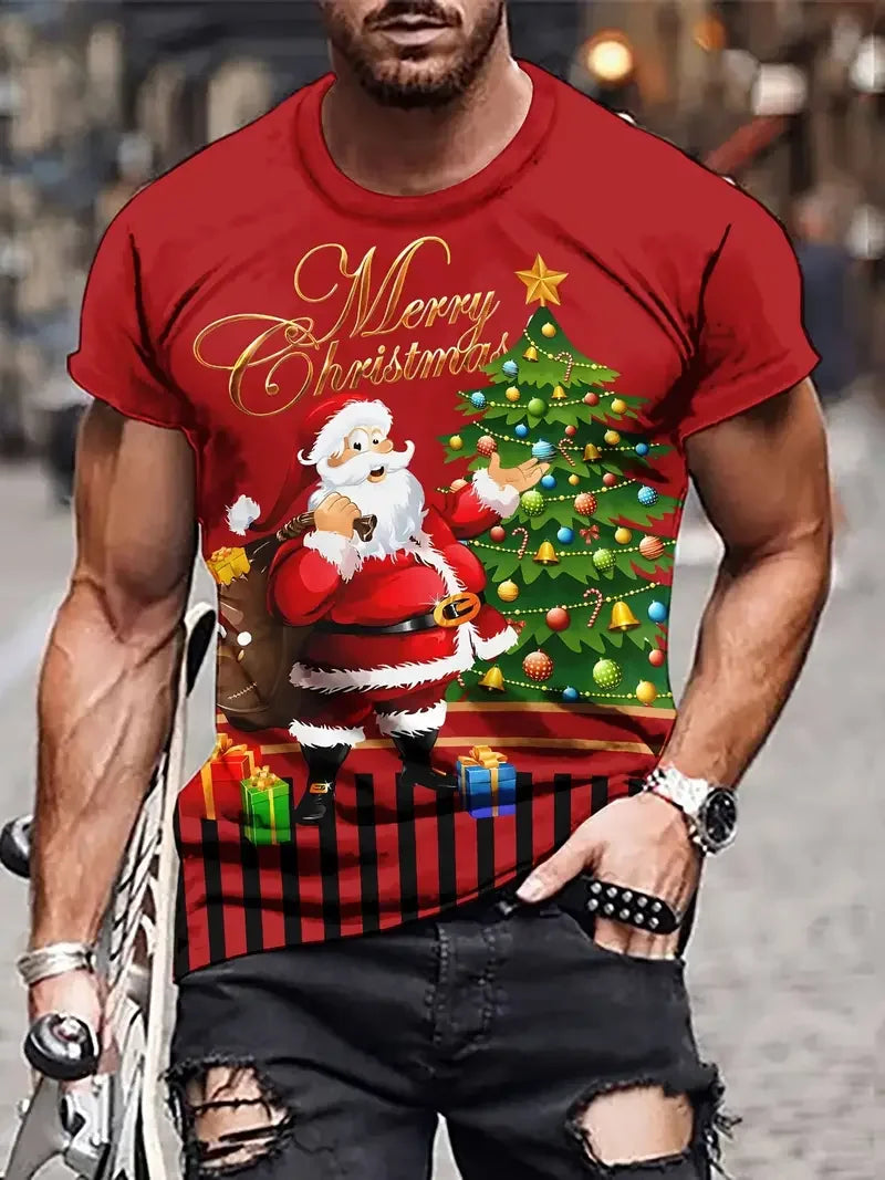 2026 Christmas T-Shirts Summer Funny Santa Claus Fashion Tops Tee Mens Shirts Summer Holiday Boys Casual Streetwear Clothing