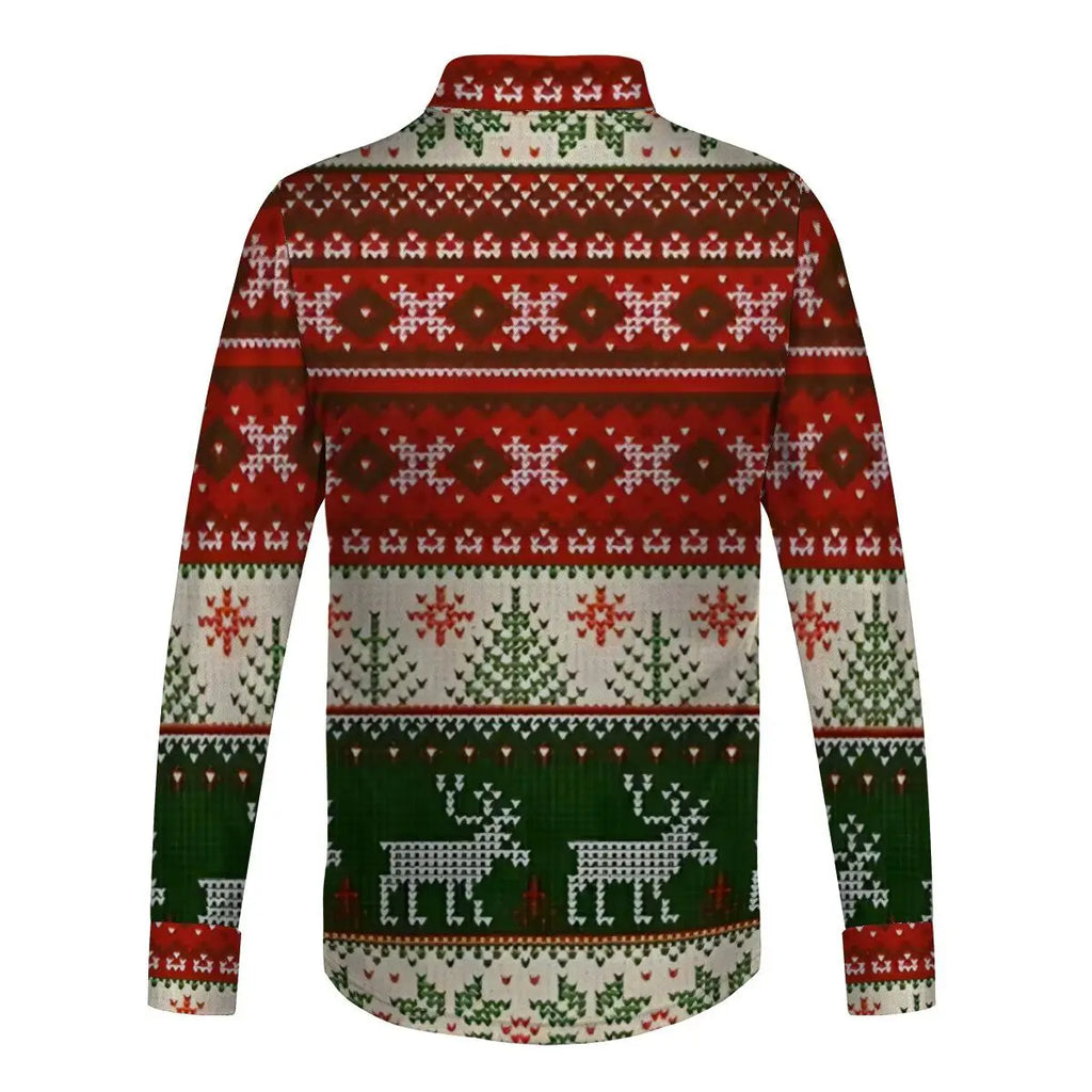 Autumn and Winter Christmas Pattern Printed Men's Long Sleeve Shirt Men's Casual Collar Cardigan Shirt Top Non Stretch Thin