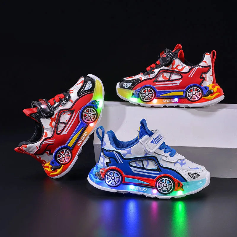 Spring Kids Shoes New Fashion Versatile Casual Shoe Anti Slip Cartoon Car Boy Shoe LED Lights Simple Trendy Sneakers Кроссовки