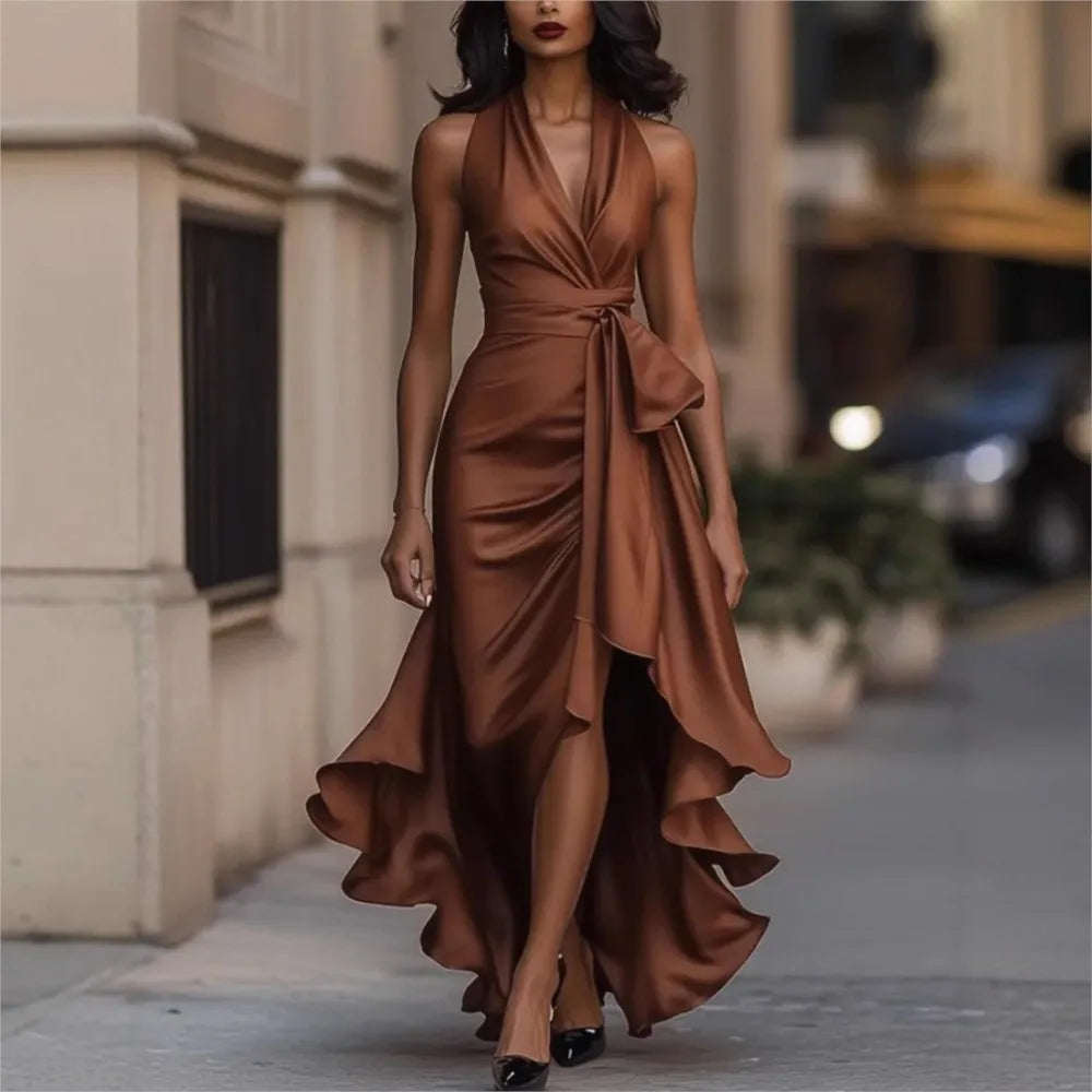 Elegant Women's Evening Rules Ruffled Slit Dress Summer Sexy Deep V Neck Backless Slimming Lady Waist Cinching Lace Up Dreses