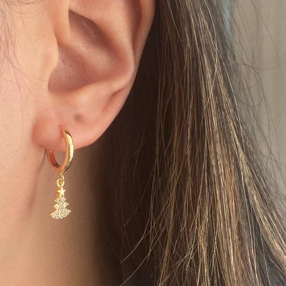 Stunning Handmade 18K Gold Plated Dangle earring Christmas Tree Star Cubic Zirconia Crystal Huggie Sleeper Hoop Earrings Gifts