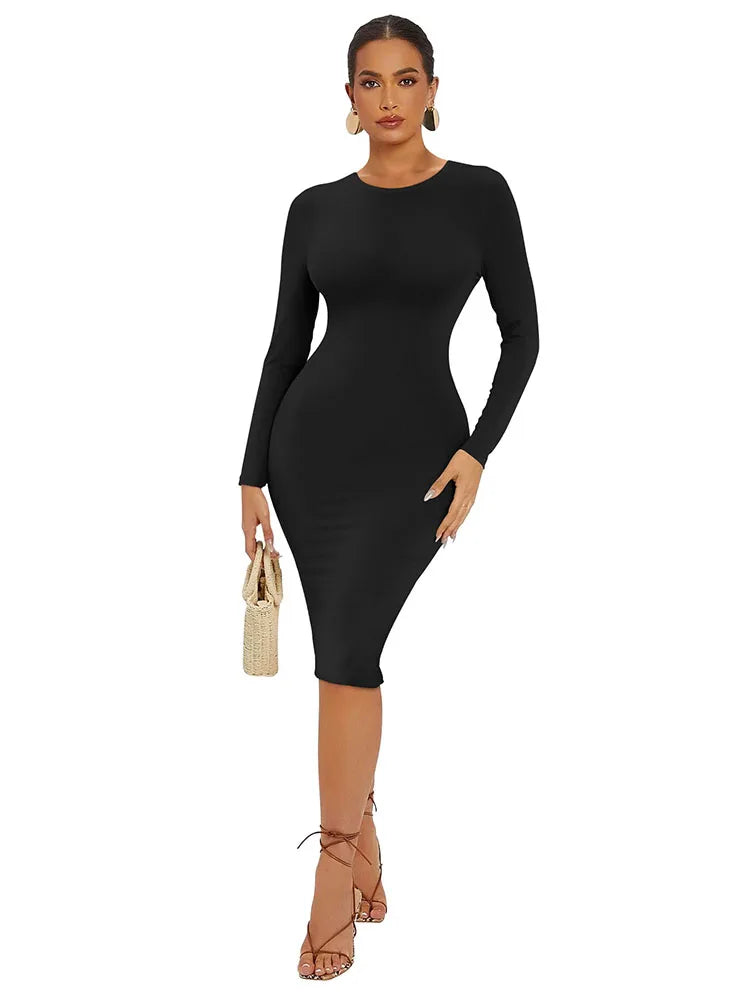 New Tight Highly Elastic Women's Dress Fashion Solid Color Sexy Long Sleeved Women Dress Wrapped Bobycon Midi Dress