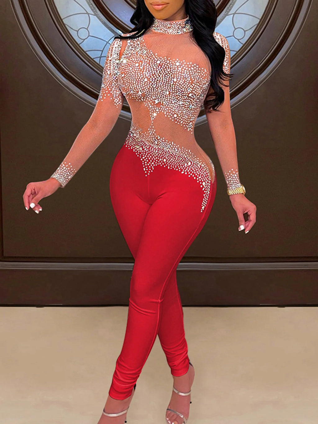 Sexy see through Rhinestone mesh bodycon jumpsuit women summer Long sleeve jumpsuits body birthday party club outfits bodysuit