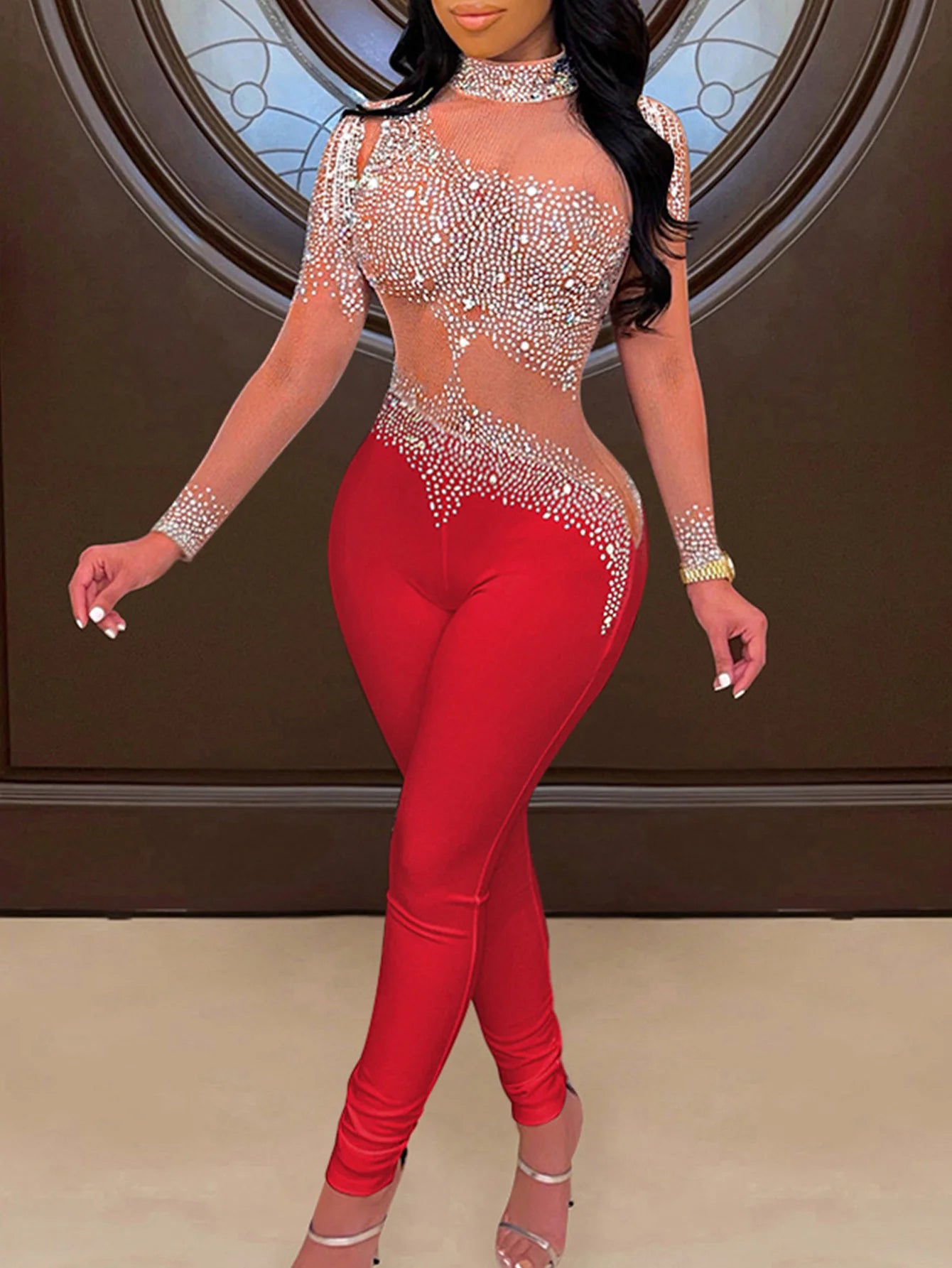 Sexy see through Rhinestone mesh bodycon jumpsuit women summer Long sleeve jumpsuits body birthday party club outfits bodysuit