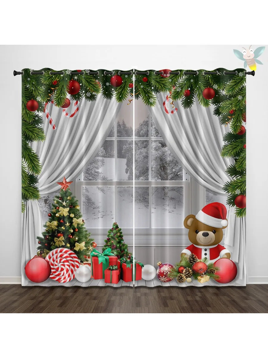 2pcs Christmas Teddy Bear Print Blackout Curtains Insulation Multiple Sizes Living Room Bedroom Decoration, Machine Washable