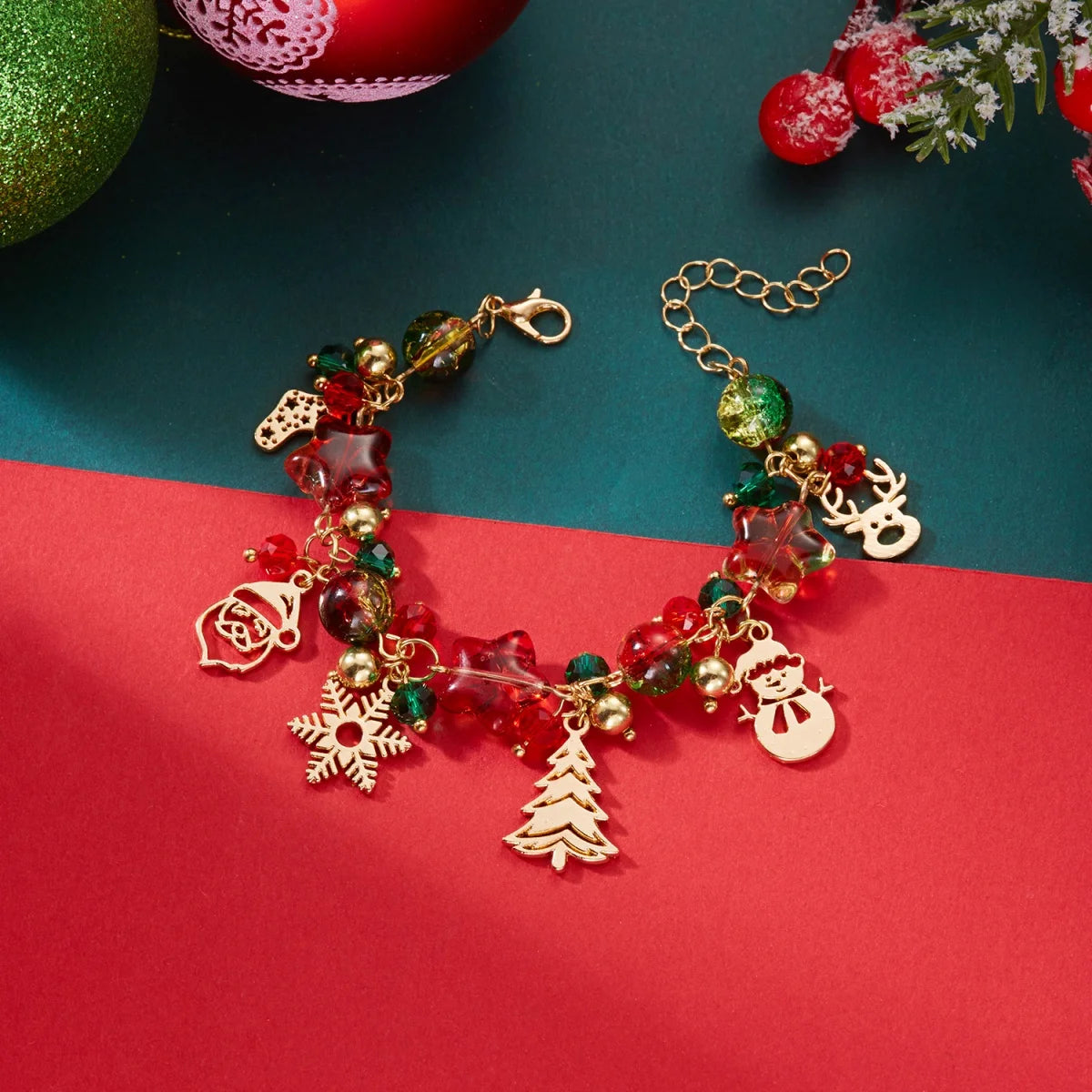 Christmas Snowflake Tree Santa Claus Snowman Reindeer Bell Resin Star Crystal Beads Bracelet For Women Men New Year Holiday Gift