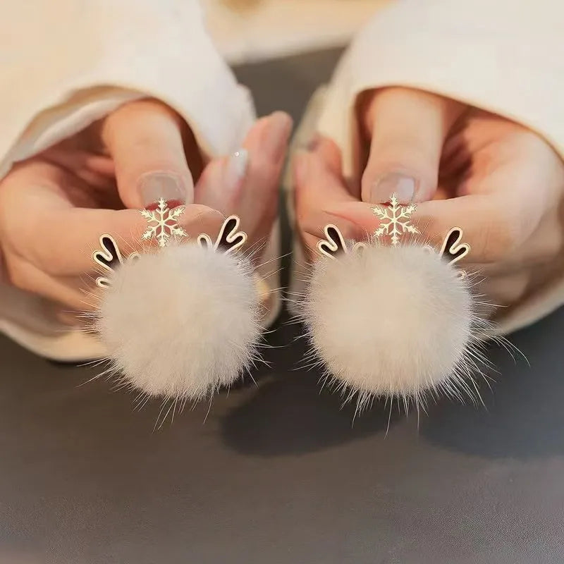 Cute Pompom Ball Bow Snowflake Elk Earrings Sweet Fashion Jewelry for Women and Girls New Year Gifts