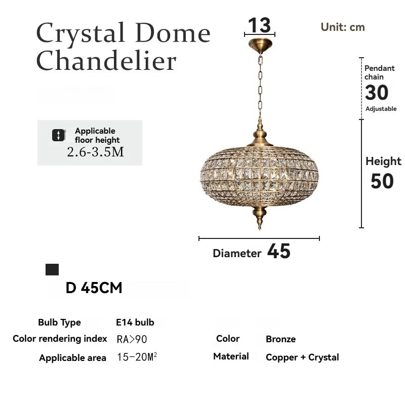 American Vintage K9 Crystal Pendant Light Copper Led Chandelier For Living Room Villa Hotel Dining Room Decoration Hanging Lamp