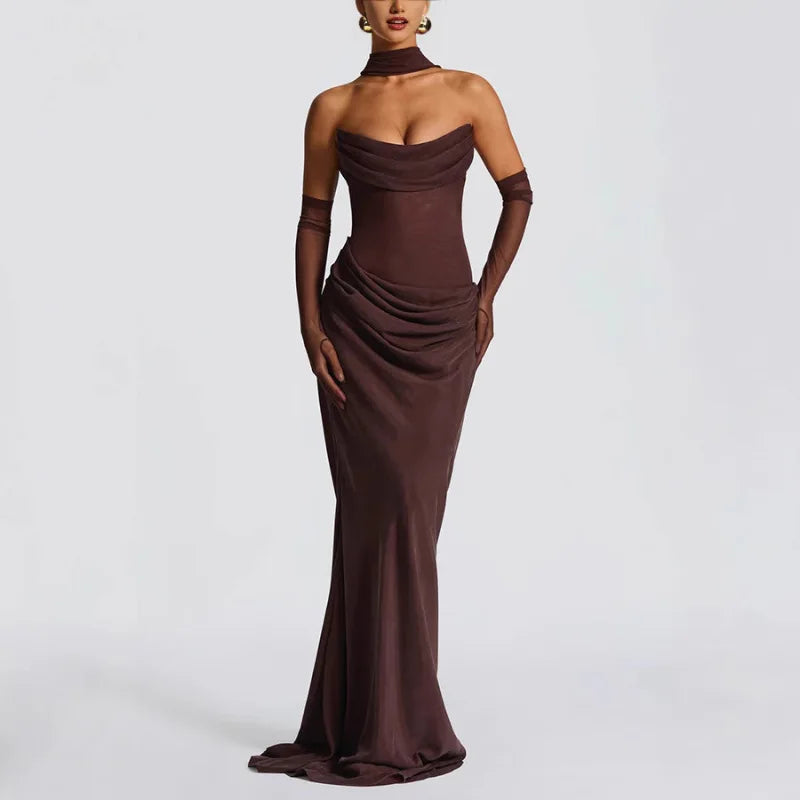 Women's Elegant Bustier Dress Sexy Strapless Corset Transparent Draped Satin Lace Up Bodycon Dresses Evening Party Shining Robe