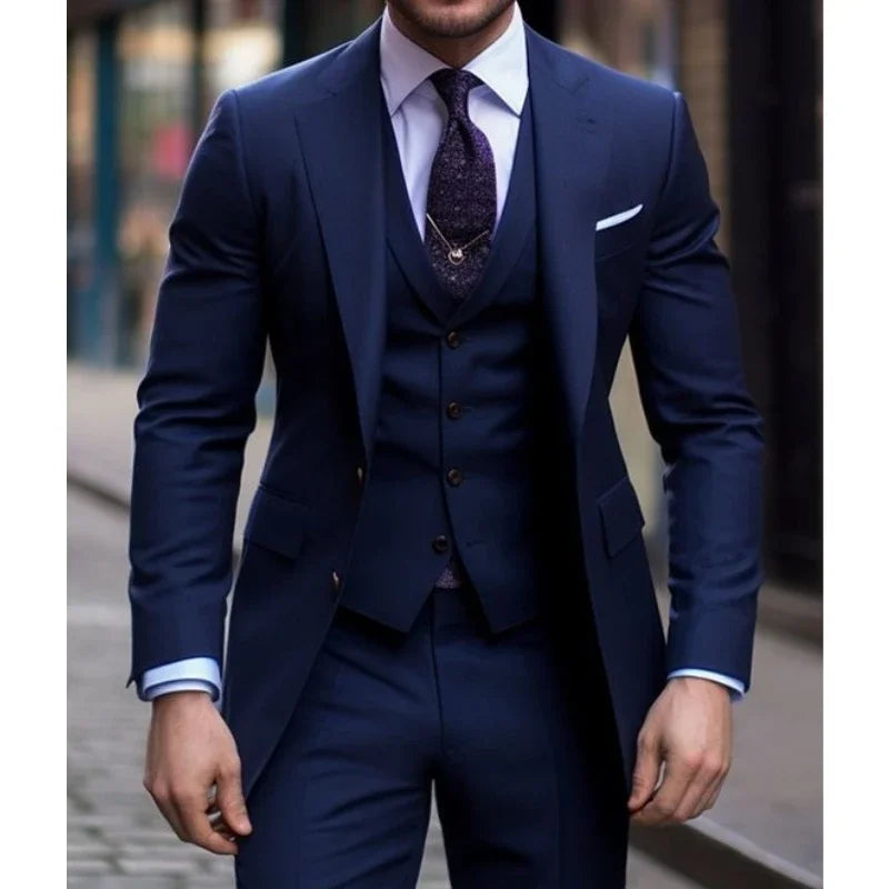 Navy Blue 3 Pieces Casual Male Suits Slim Fit Notched Lapel Formal Best Men Wedding Groom Wear Blazer Tuxedos Trajes De Hombre