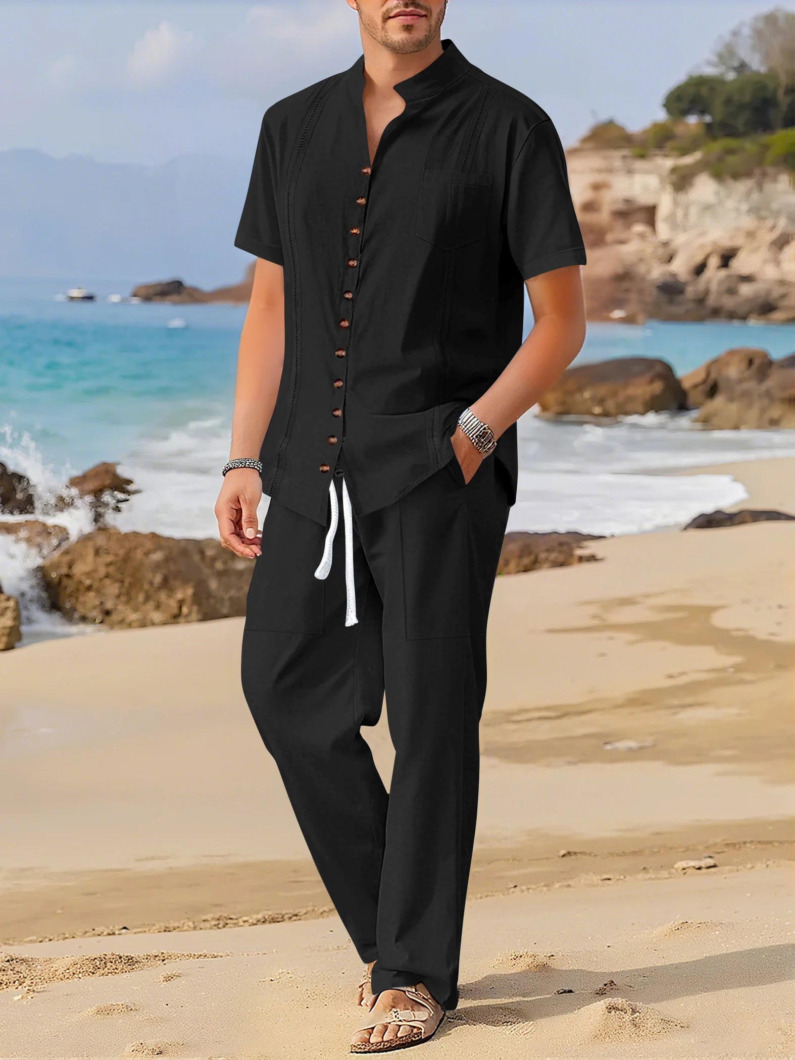 Men's Fashionable Cotton Linen Shirt Set with Cuban Pocket Long Sleeve Casual Two-Piece Suit Spring Autumn 100% Natural Fiber