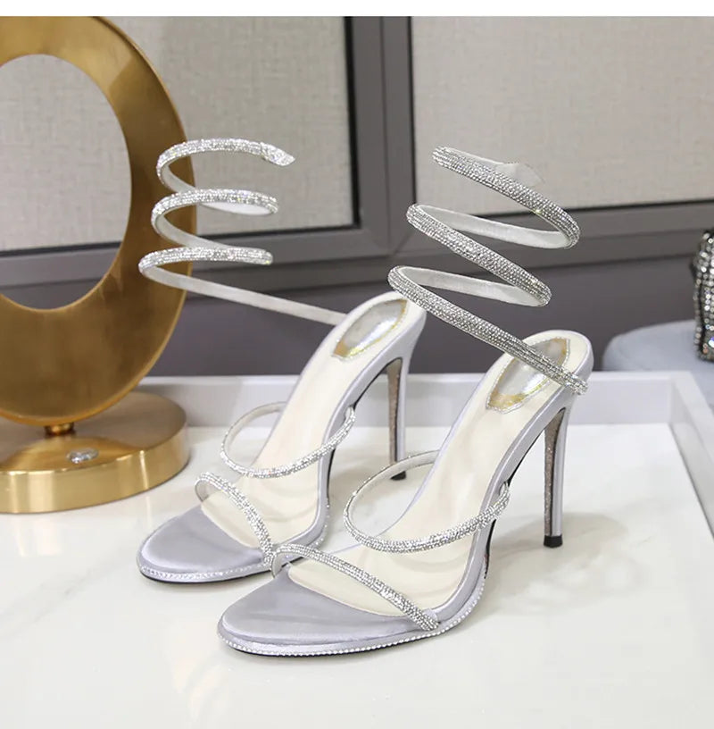 Fashion Summer Snake Twine Around Crystal Women Sandals Luxury Rhinestones Thin High heels Gladiator Sandals  Party Prom Shoes, match a dress anytime