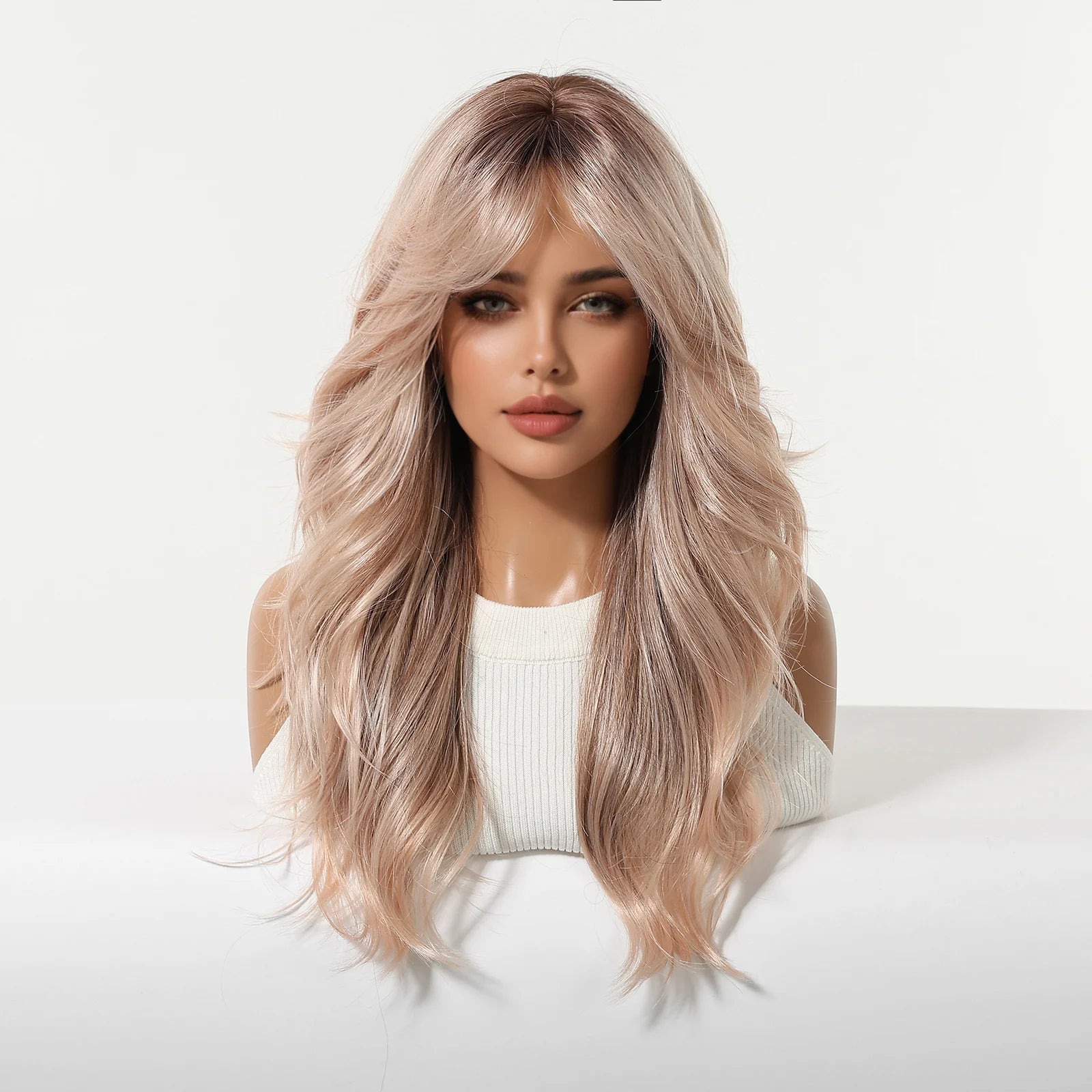 Rose Blonde Ombre Brown Long Natural Wave Synthetic Wigs with Bangs for Women Heat Resistant Daily Cosplay Party Hairs Wig Use