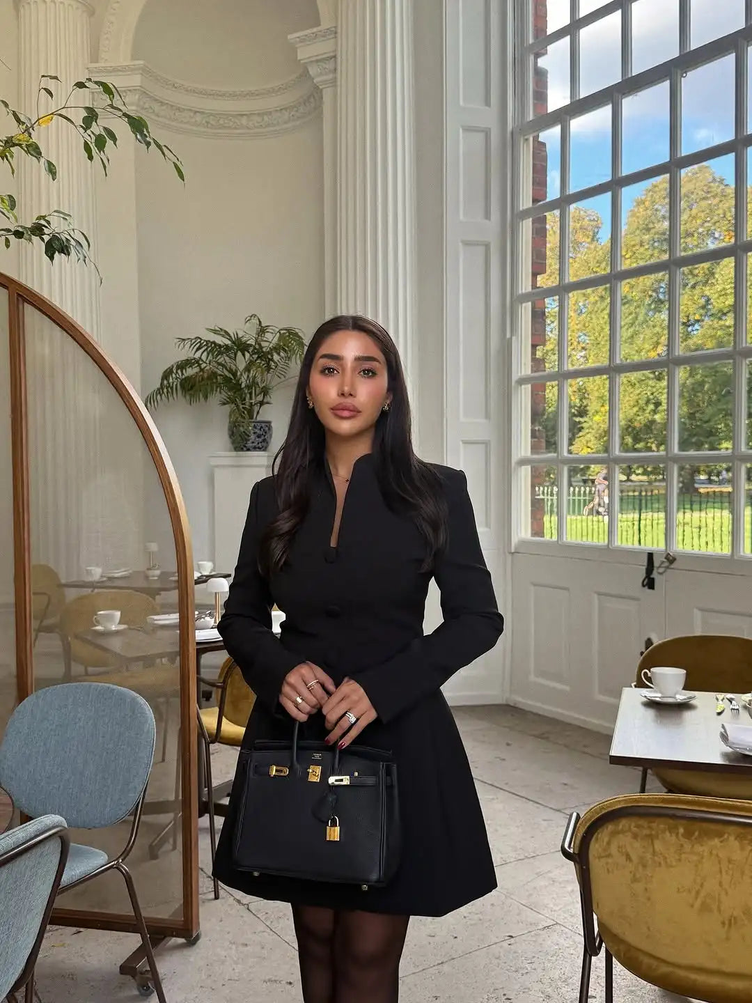 Elegant Stand Collar Mini Dress Women Casual Single Breasted Full Sleeve Cinched-waist Short Dresses Lady Evening Dinner Gowns