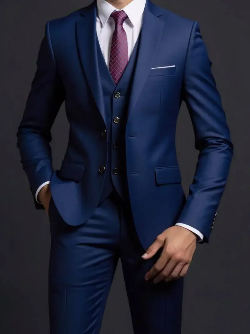 Suit (Blazer+ Vest + Trousers) Men's Fashionable Gentleman Business British Style Solid-color Banquet Host Casual Wedding Suit