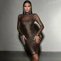 Mesh Dresses For Women Fashion Sexy Clubwear Long Sleeves Turtleneck Skinny See Through Hip wrap Mini