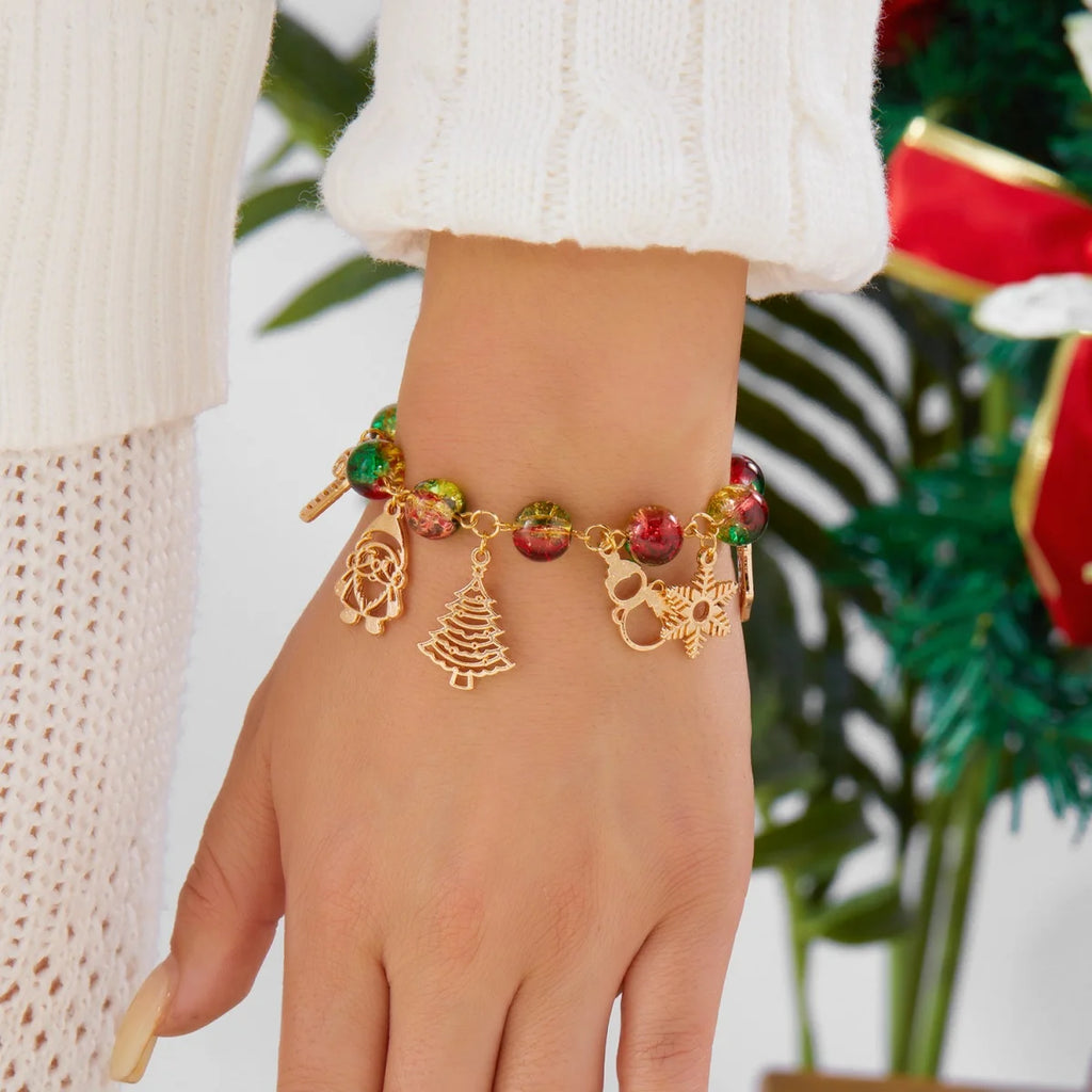 Christmas Snowflake Tree Santa Claus Snowman Reindeer Bell Resin Star Crystal Beads Bracelet For Women Men New Year Holiday Gift