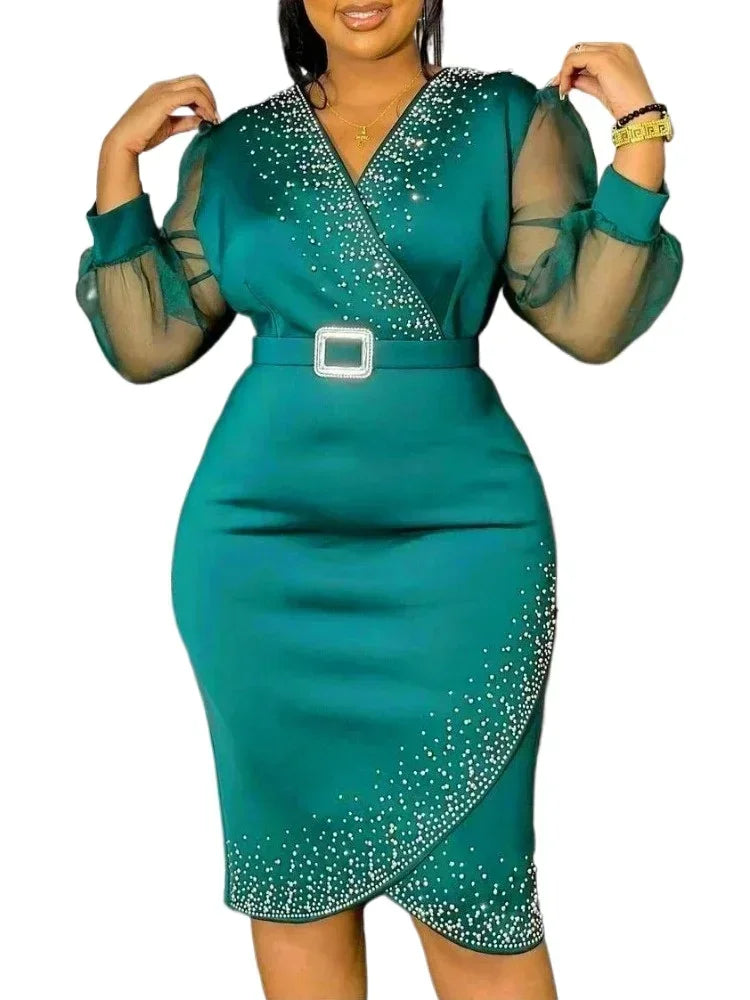 Luxury Red Evening Dress V-neck Bead Belt Mesh Lantern Long Sleeve Sexy Women's Party Classy Office Ladies Wedding Guest Gowns