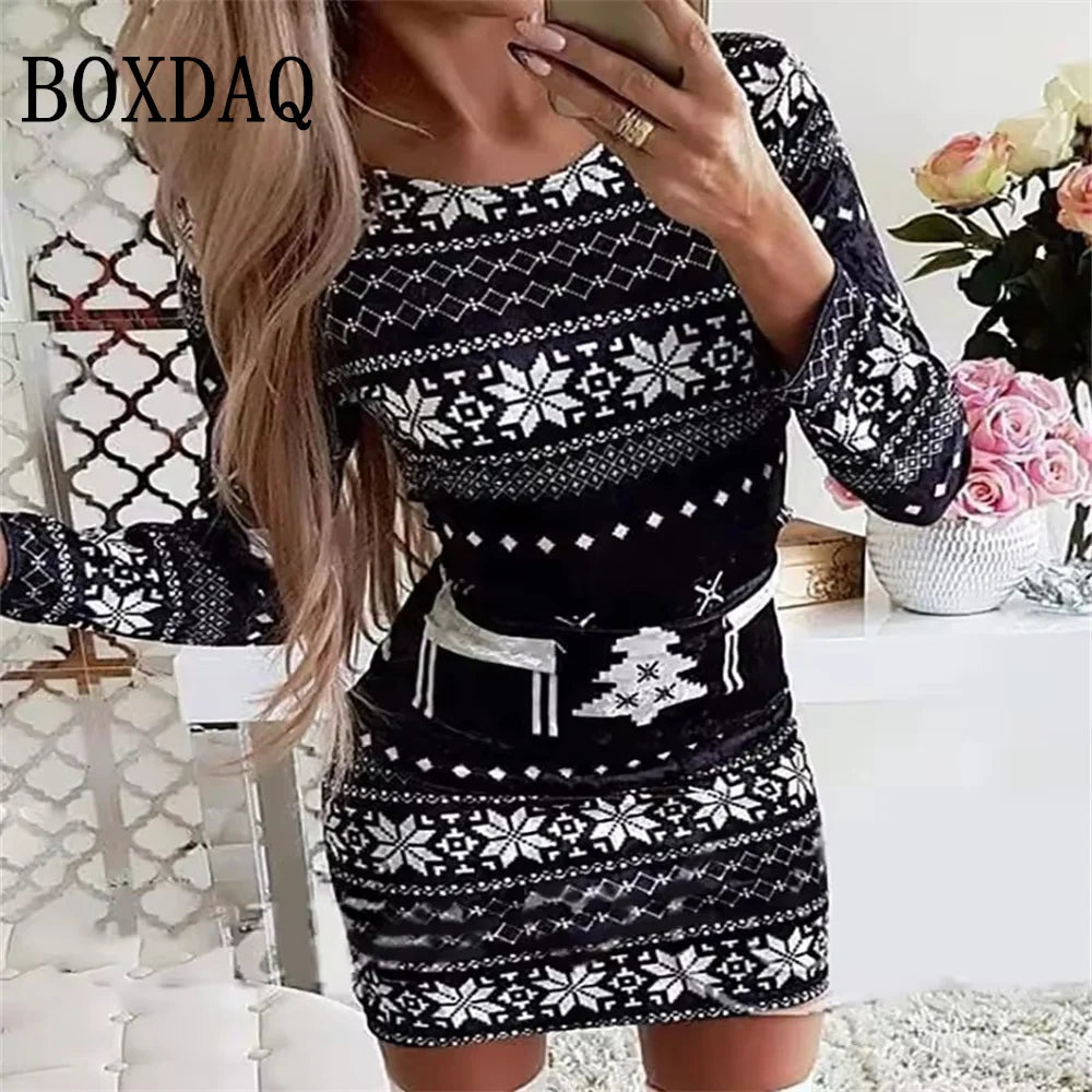 Women Christmas Party 3D Funny Snowman Christmas Element Printed  2025 Autumn Winter Long Sleeve Casual Bodycon D.