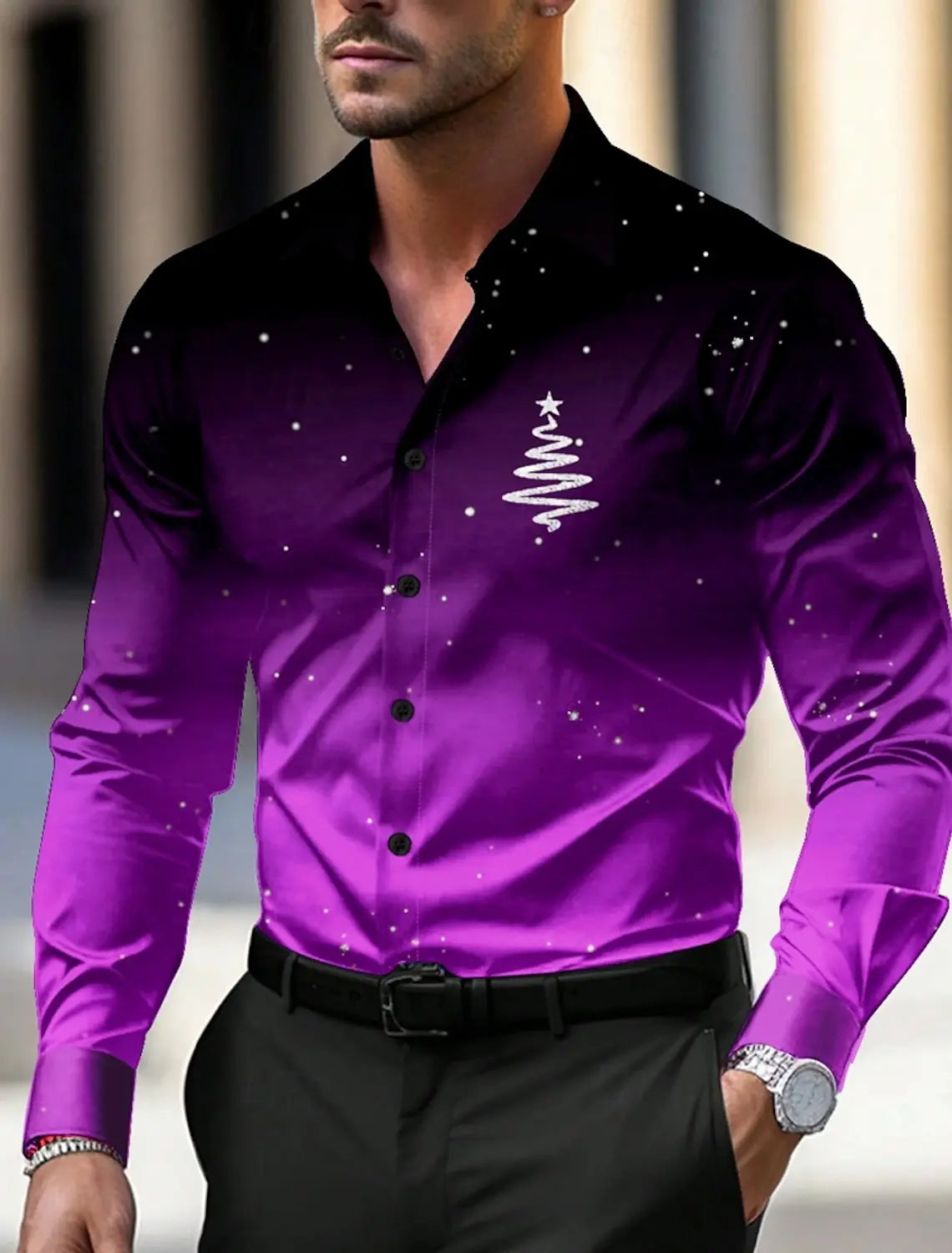 Christmas Theme Men's Christmas Trees Printed Shirts Snowflake Gradient Graphics Button Up Long Sleeve Shirts Fashion Tops Thin