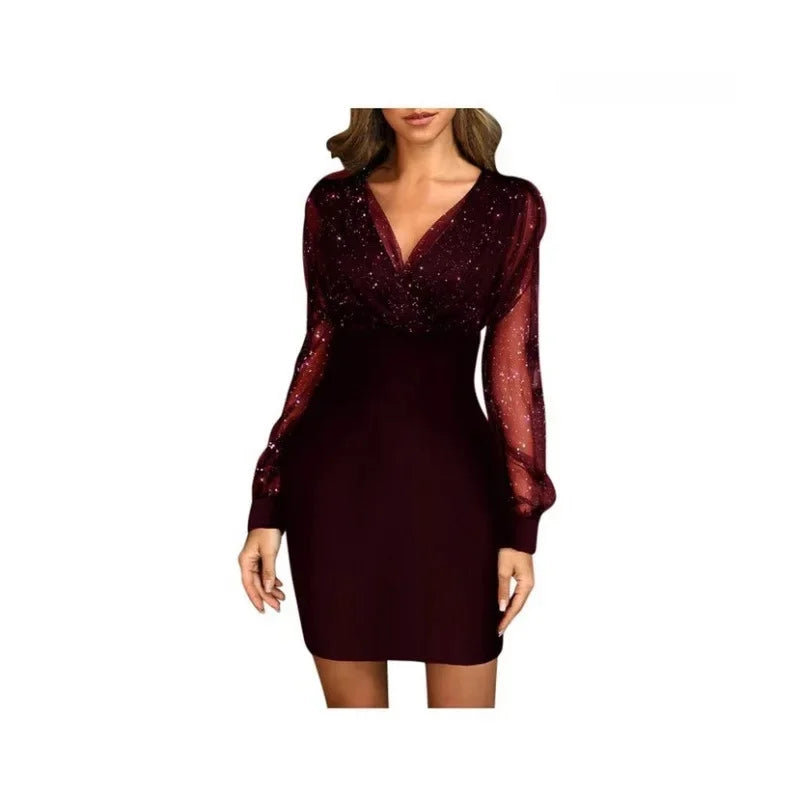 Sexy Sequin Mesh Dress V-Neck Bodycon Elegant Tight Fit Autumn Winter Fashion Women's Clothing Elegant Tight Fit Dress