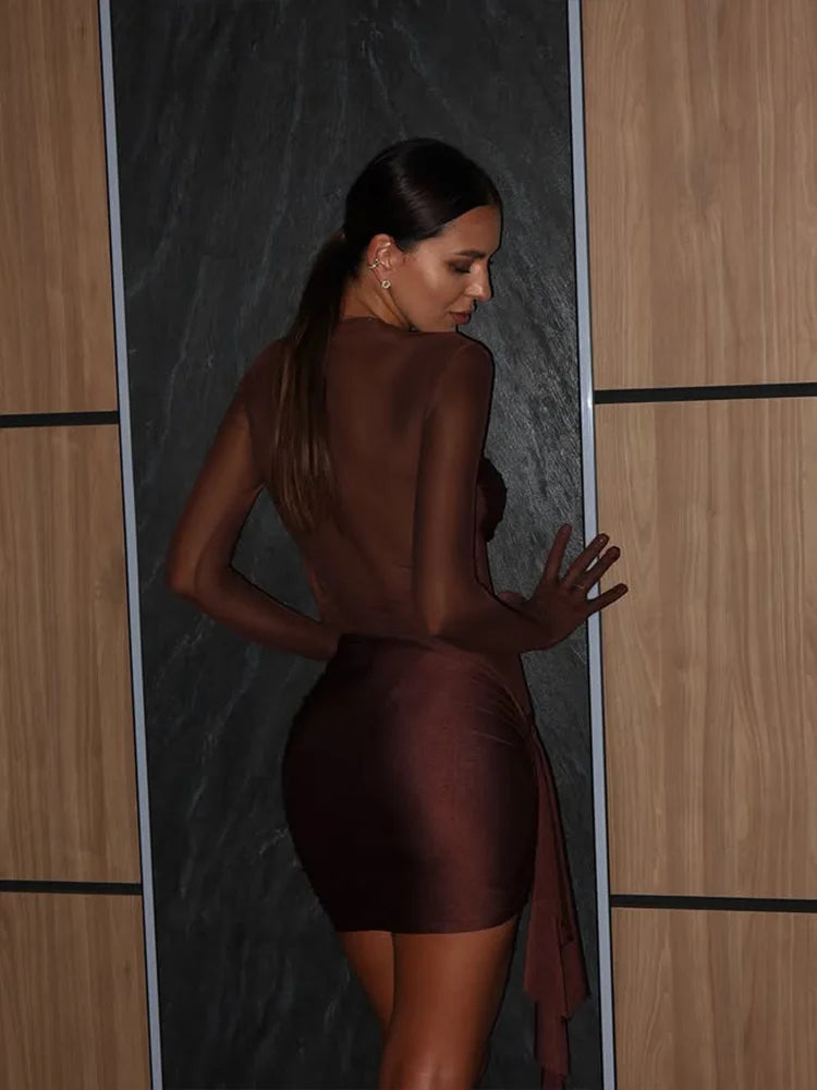 CNYISHE Mesh Patchwork Solid O Neck Women Dresses Autum Sheer Sexy Club Long Sleeve Hip Wrap Bodycon Fashion Female Streetwear