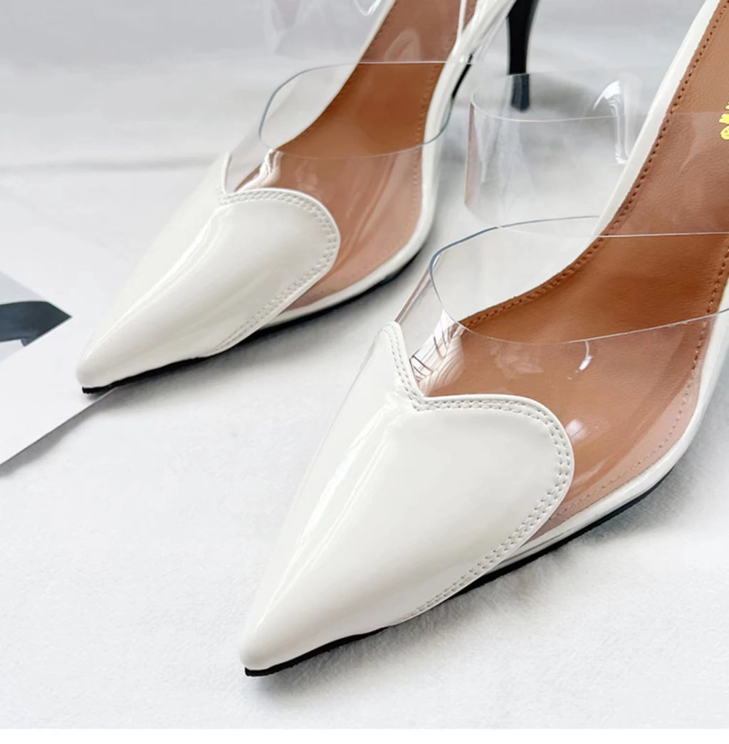Elegant Pointed Toe Transparent PVC Heart High Heels Mules Slipper Shoes Women 2025 Black White Red Shoes Luxury Designer Pumps