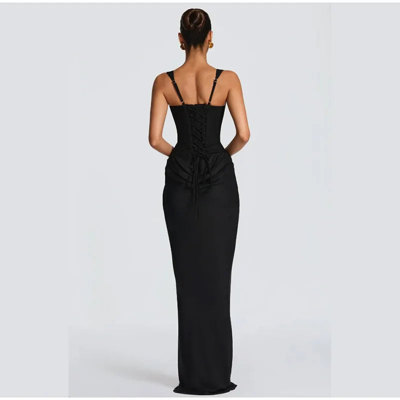 Women Brown Pleated Sling Maxi Dress Square Neck Sleeveless Off-shoulder Waist Cinching Slim Dresses Fashion Evening Party Gowns