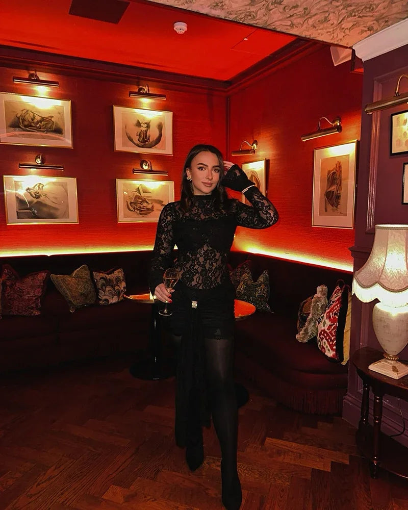 Lace Long Sleeve Sexy Mini Dress For Women Robe Fashion Black See Through Draped Ruched Bodycon Club Party Dress