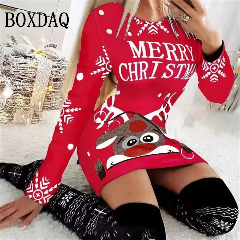 Women Christmas Party 3D Funny Snowman Christmas Element Printed  2025 Autumn Winter Long Sleeve Casual Bodycon D.