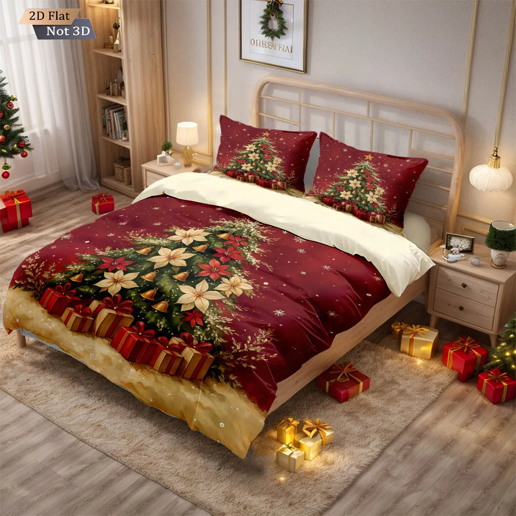3pcs red Christmas tree print coreless bedding set, multi size bedroom and dormitory duvet cover machine washable decoration