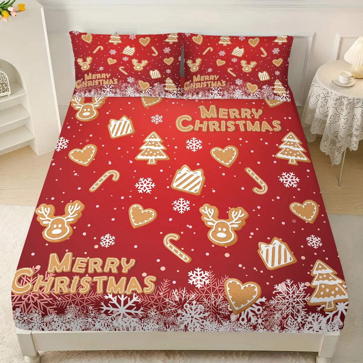 3pcs Christmas gingerbread print coreless bedsheet set multiple size soft bedcovers bedroom bedding decorations machine washable