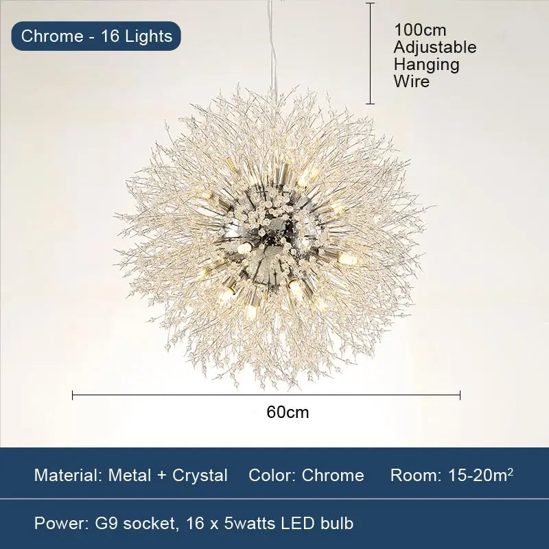 LED Dandelion Pendant Light Modern Crystal Beads Hanging Light Dining Room Living Room Bar Counter Home Decoration G9