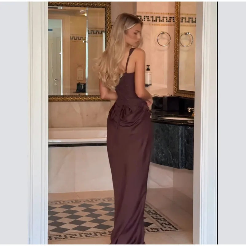 Women Brown Pleated Sling Maxi Dress Square Neck Sleeveless Off-shoulder Waist Cinching Slim Dresses Fashion Evening Party Gowns